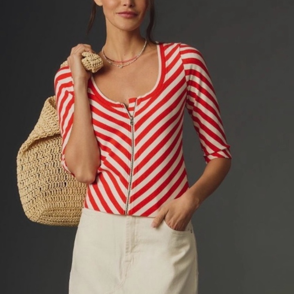 Red & White Striped Zip-Front Women's Top